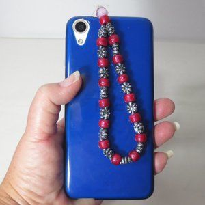 Handmade Stretch Bracelet Red and Silver Beaded Phone Charm Accessory Lanyard